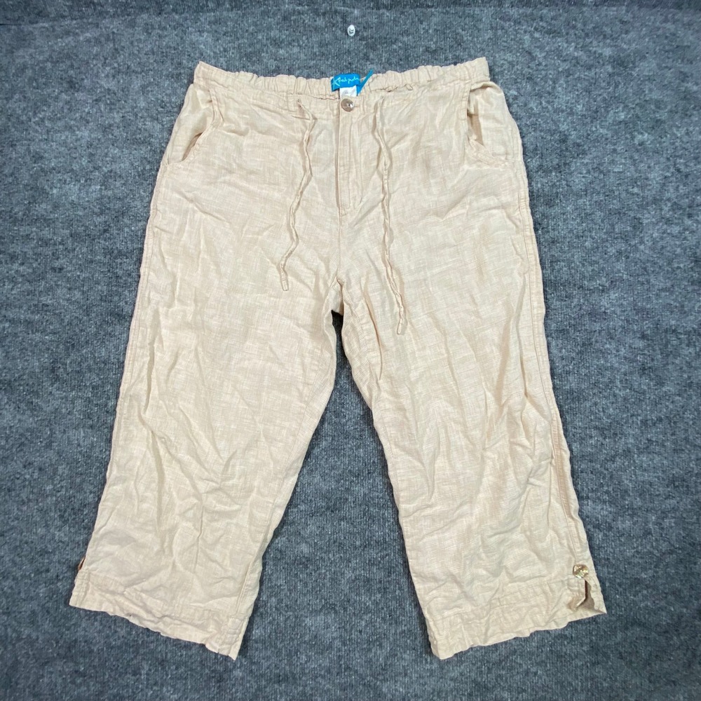 Fresh Produce‎ Womens Beige 100% Linen Cropped Capri Pants Elastic Waist Large